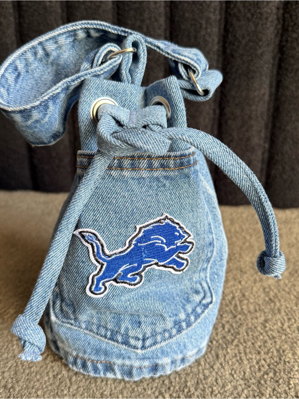 Denim Drawstring Bucket Bag with Blue Lion Patch- Handmade